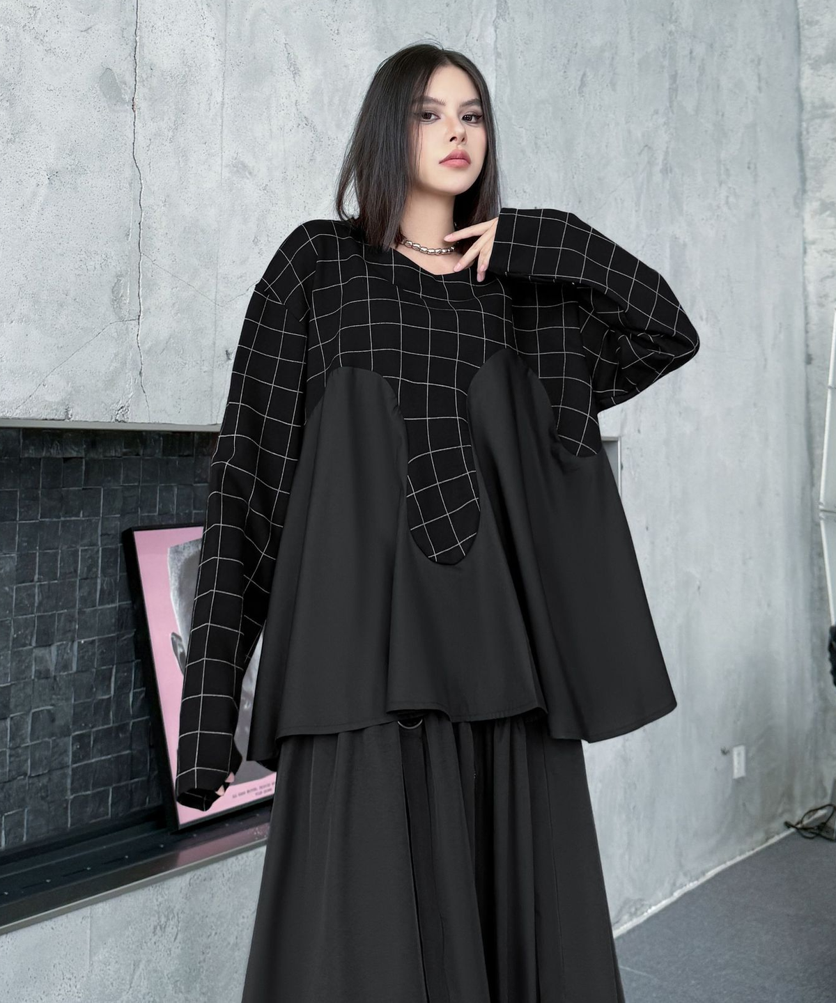Grid Layered Contrast Top