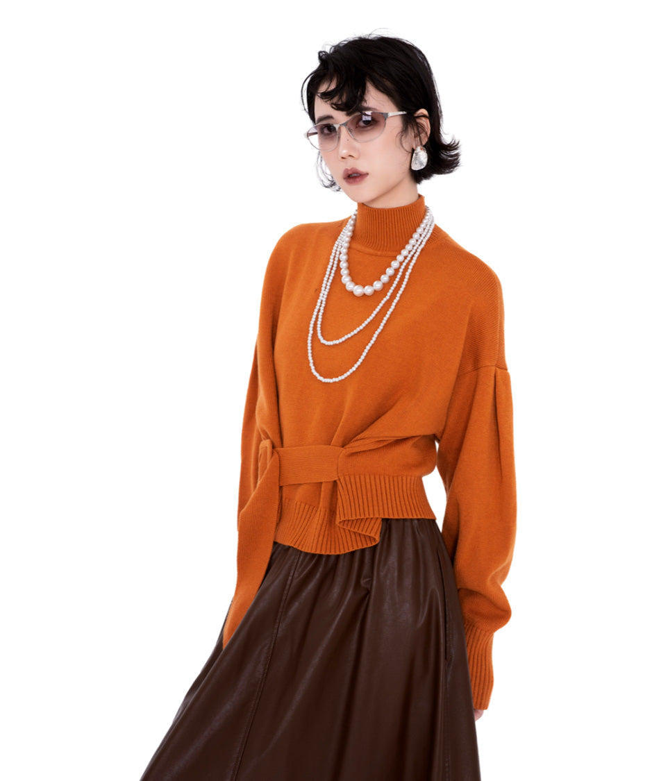 Belted High Neck Knit Top