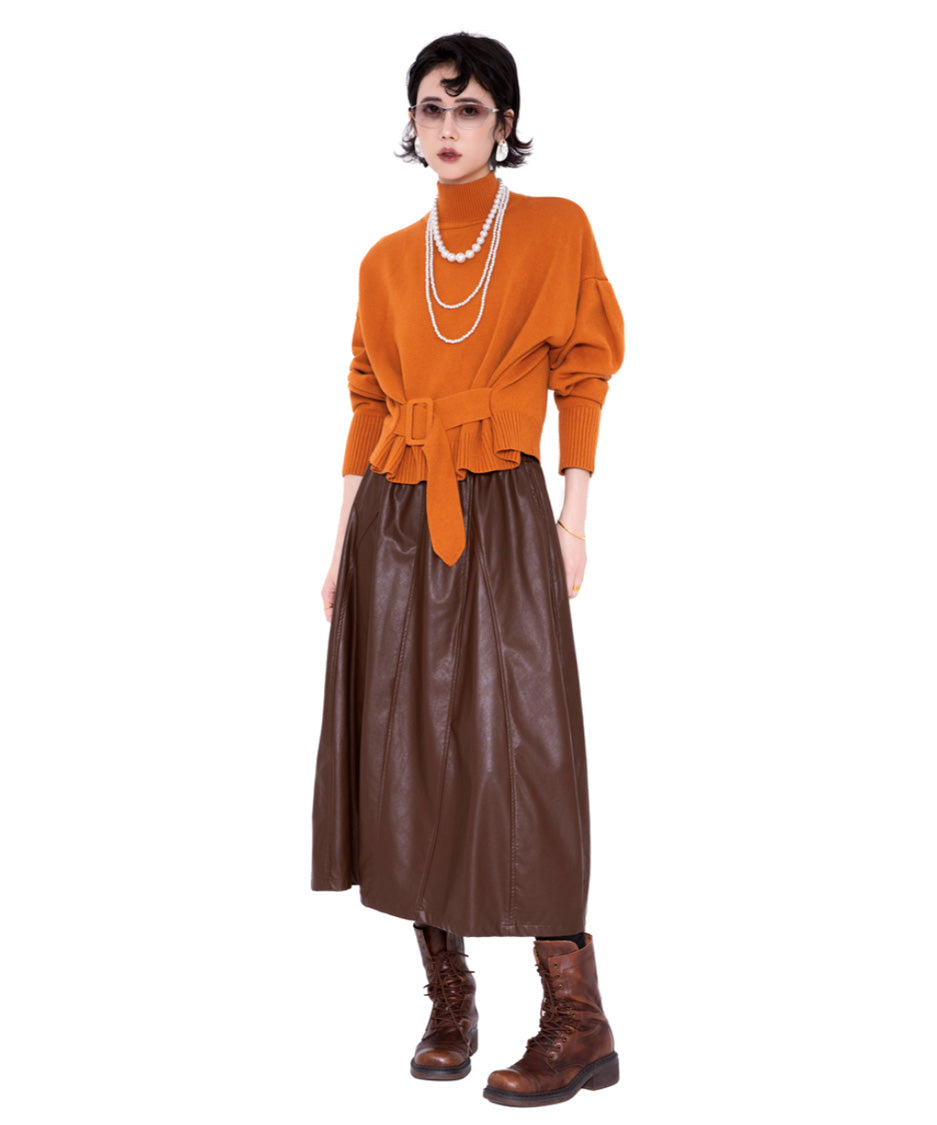 Belted High Neck Knit Top