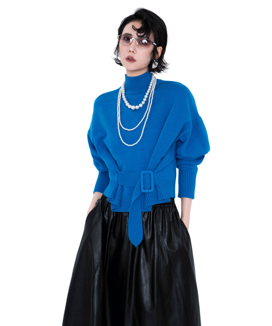 Belted High Neck Knit Top