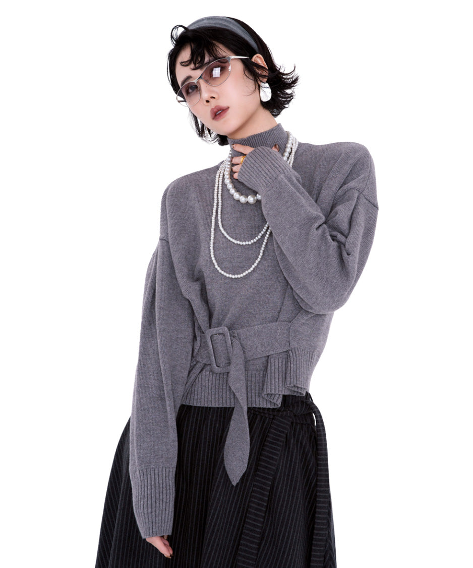 Belted High Neck Knit Top