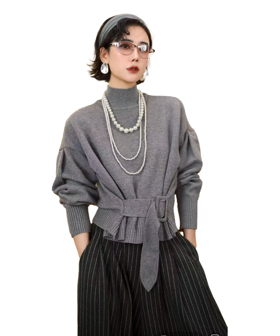 Belted High Neck Knit Top