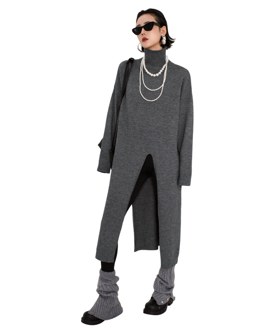High Neck Front Slit Knit Top