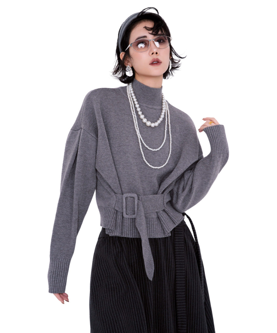Belted High Neck Knit Top