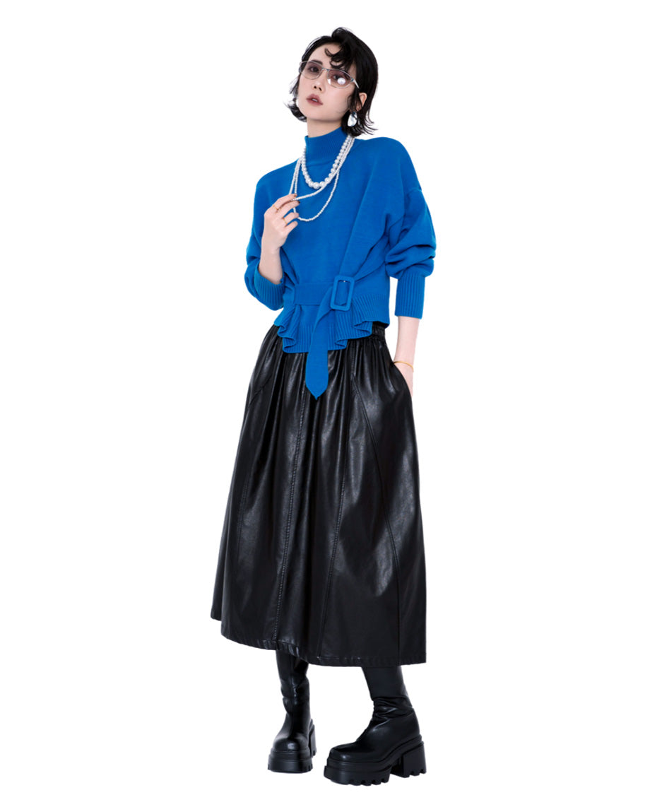 Belted High Neck Knit Top