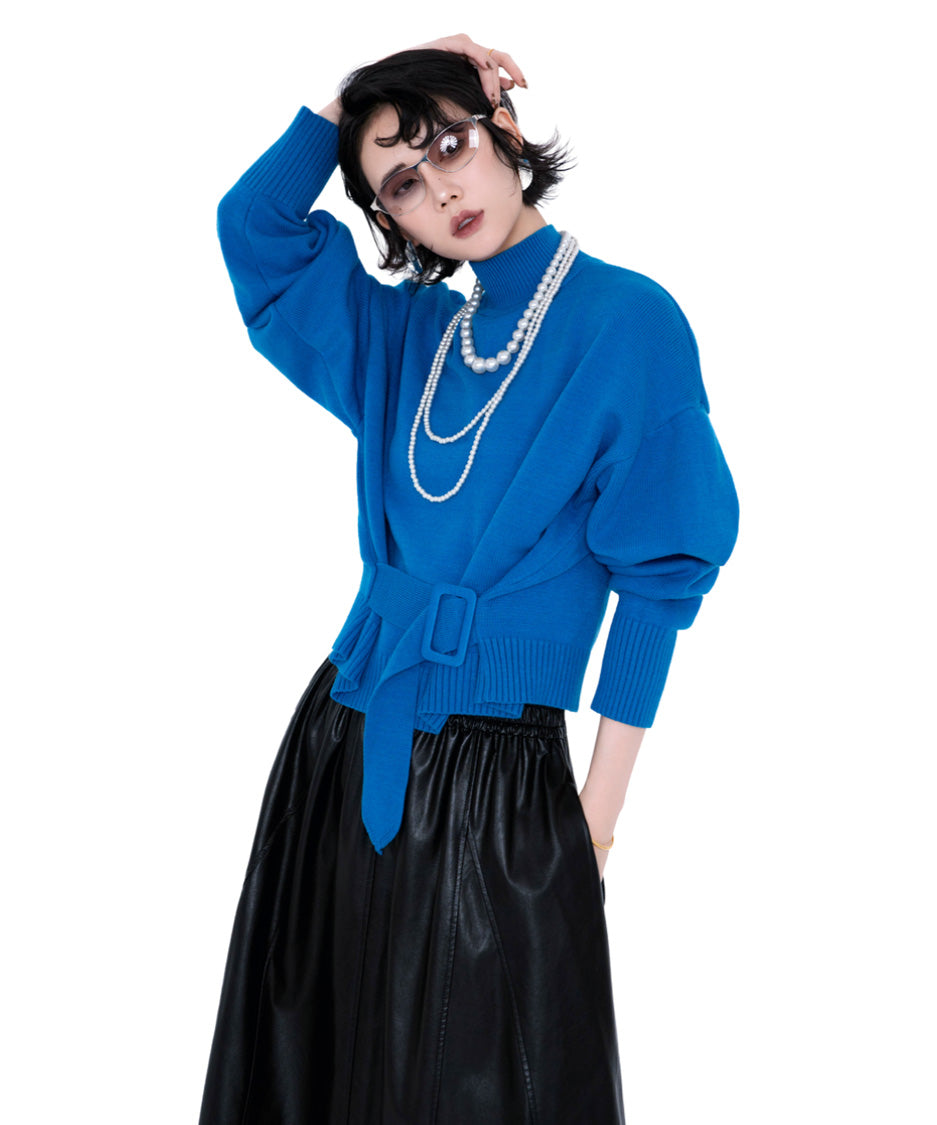 Belted High Neck Knit Top