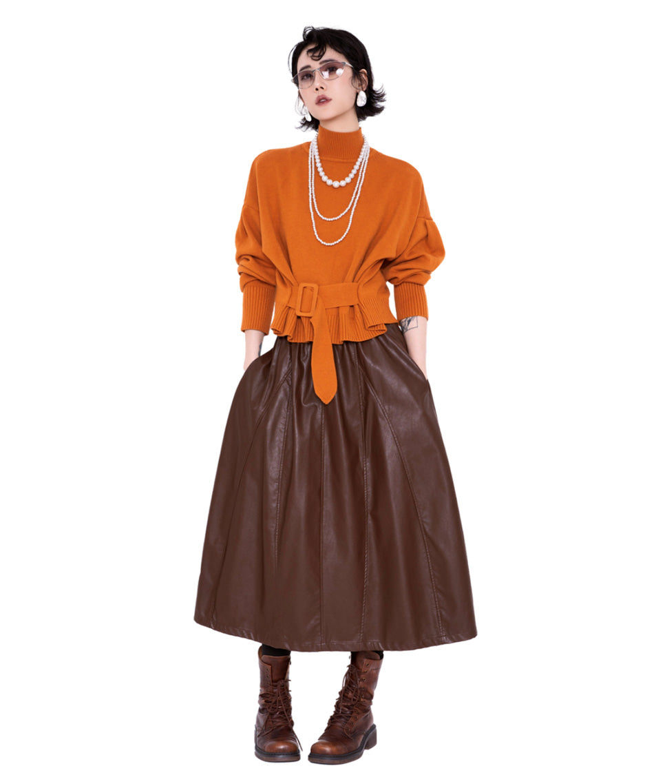 Belted High Neck Knit Top