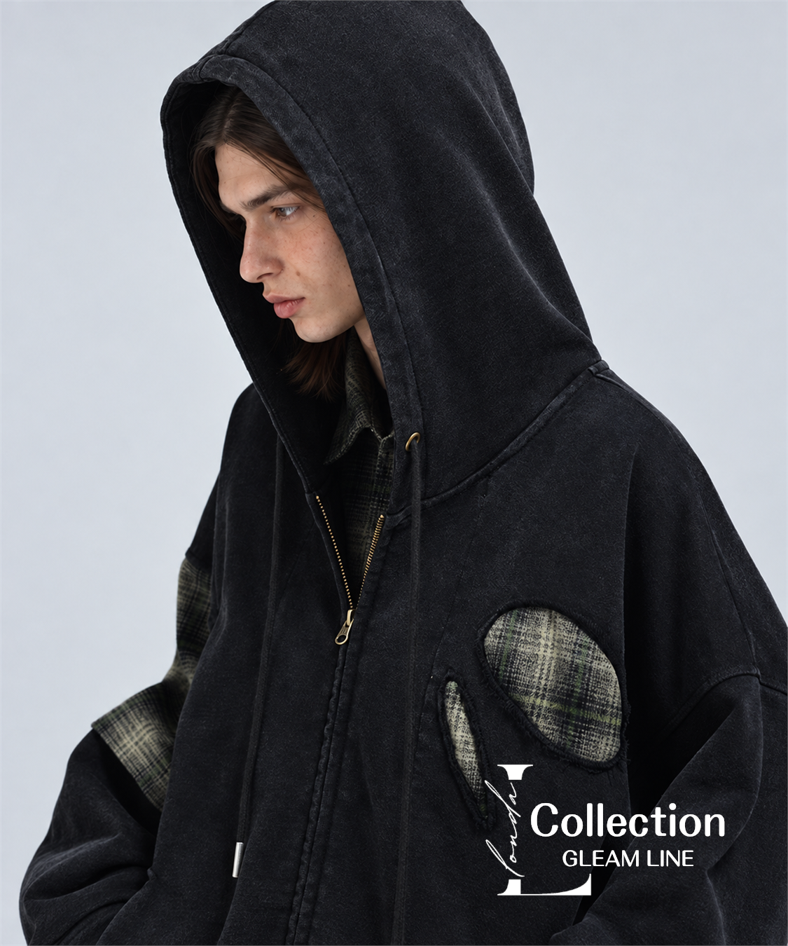 Riven Plaid Layered Hoodie - Black - model view 23