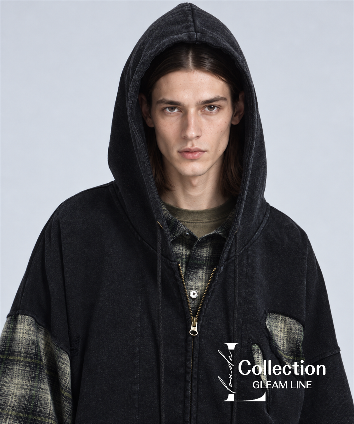 Riven Plaid Layered Hoodie - Black - model view 22