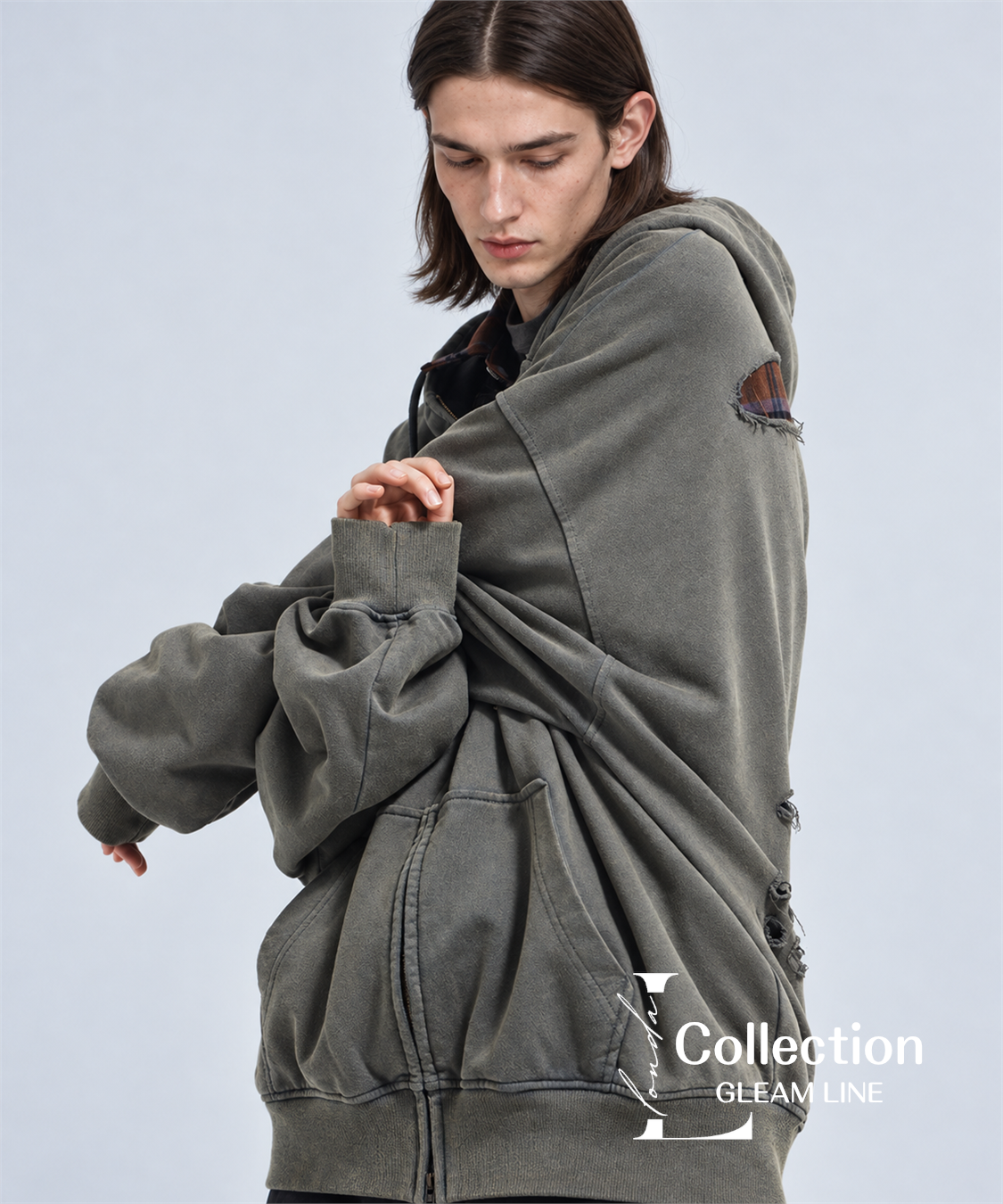 Riven Plaid Layered Hoodie - Gray Green - model view 10