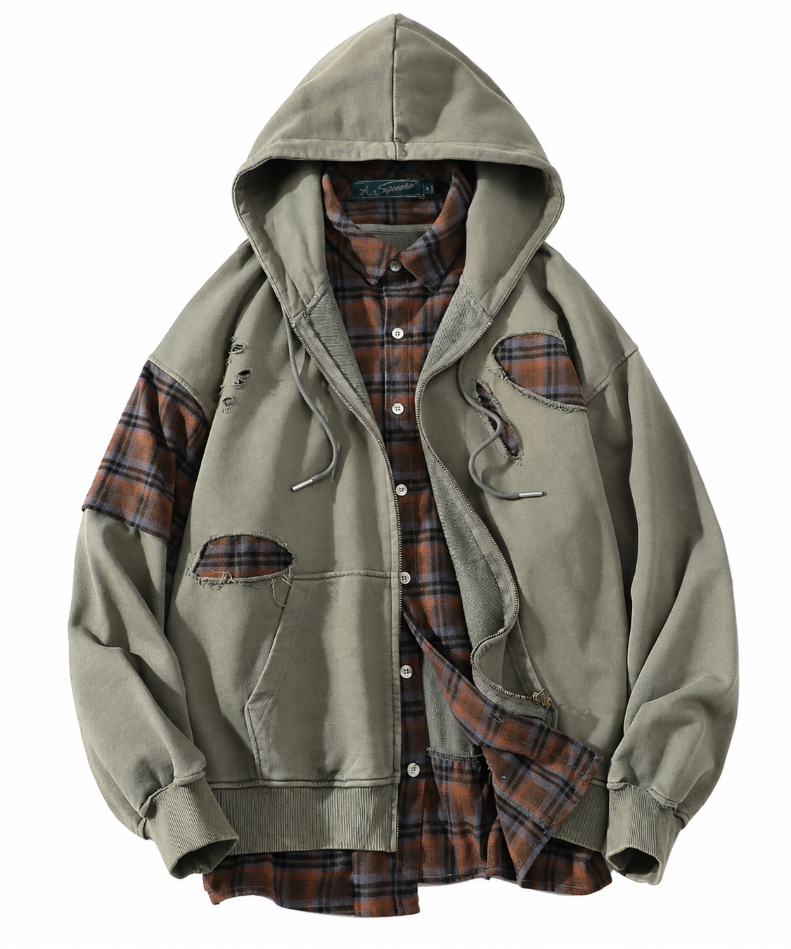 Riven Plaid Layered Hoodie - Gray Green - product view 11