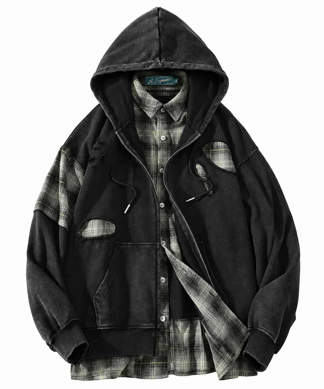 Riven Plaid Layered Hoodie - Black - product view 24