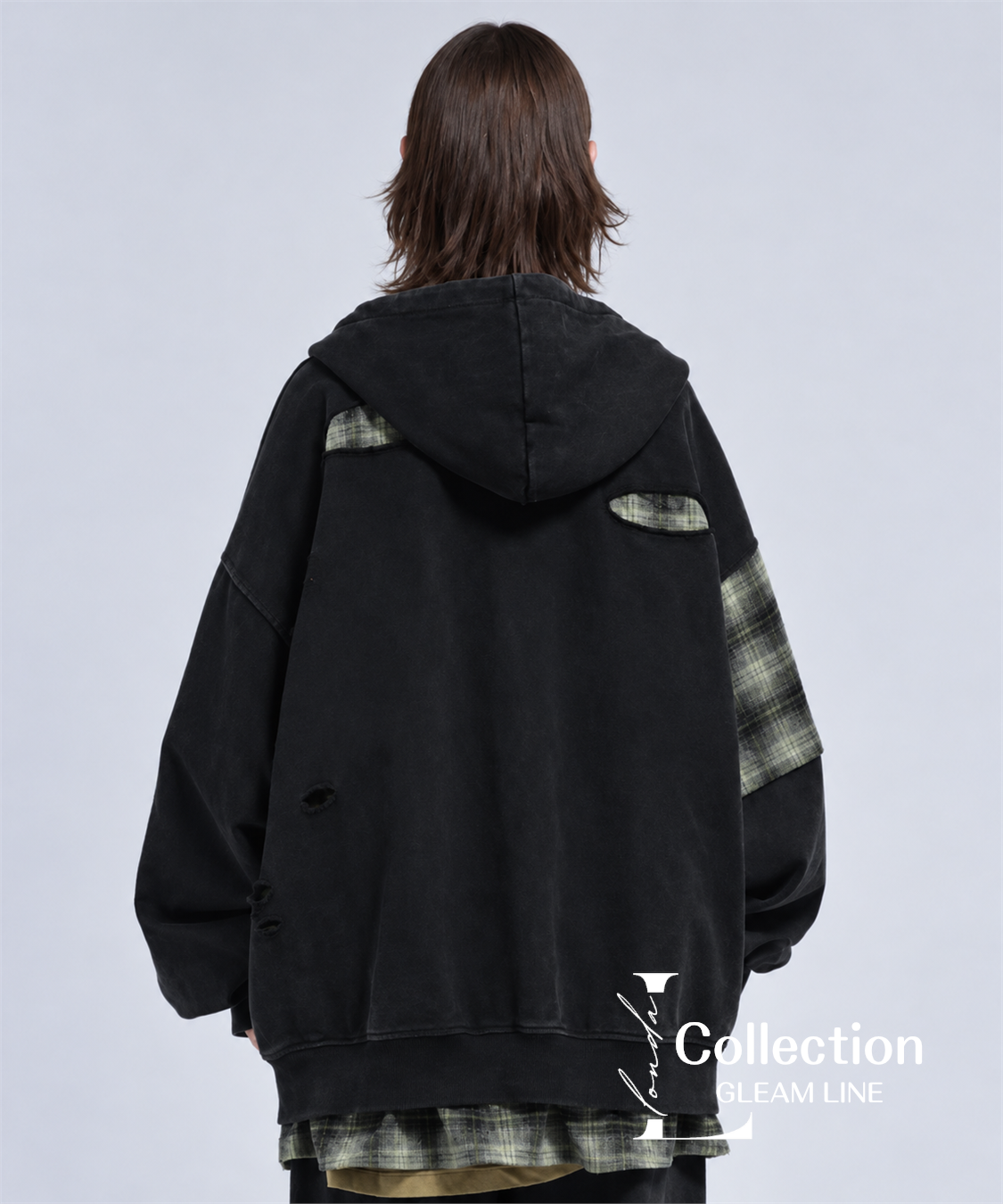 Riven Plaid Layered Hoodie - Black - model view 21