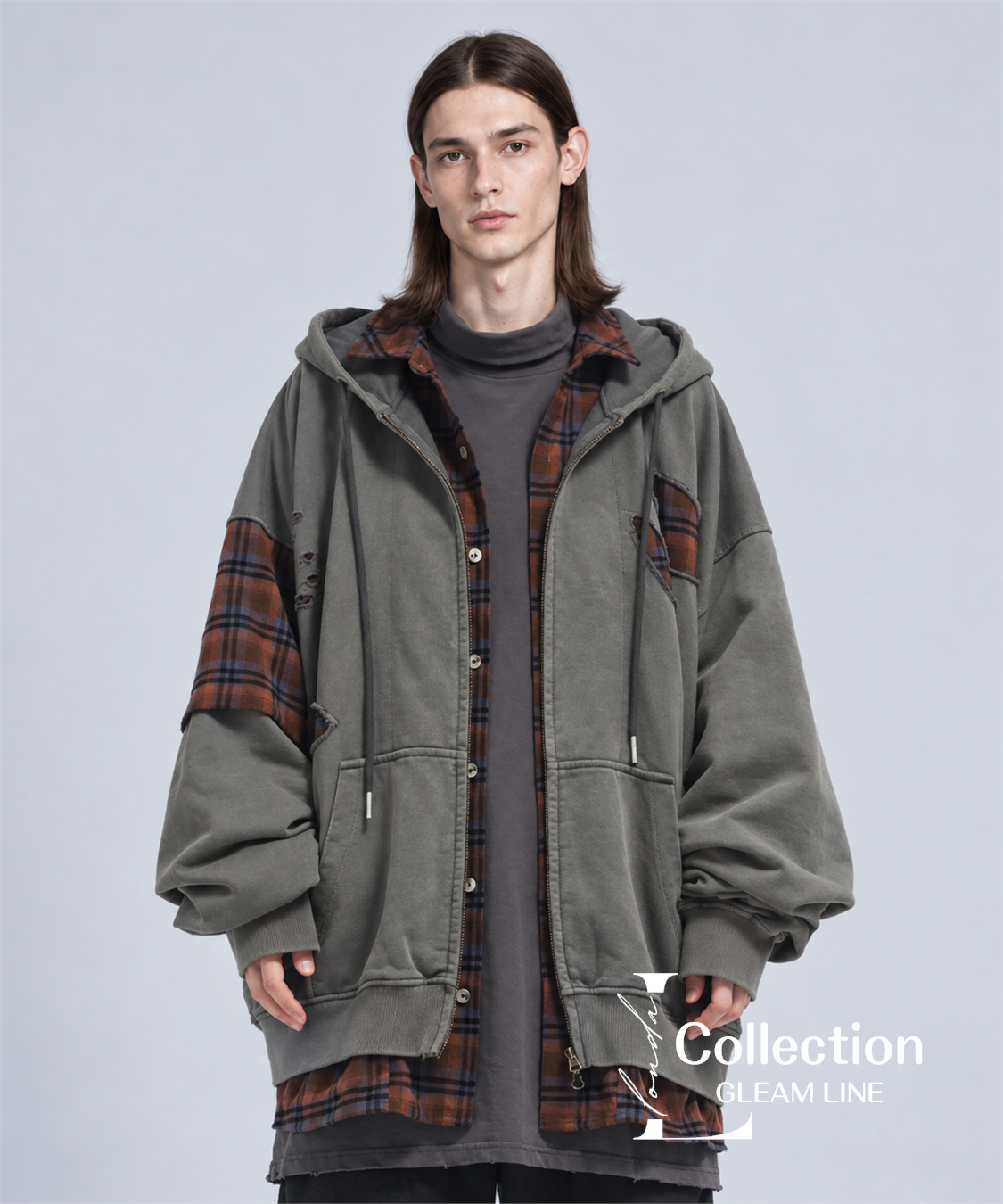 Riven Plaid Layered Hoodie - Gray Green - model view 8
