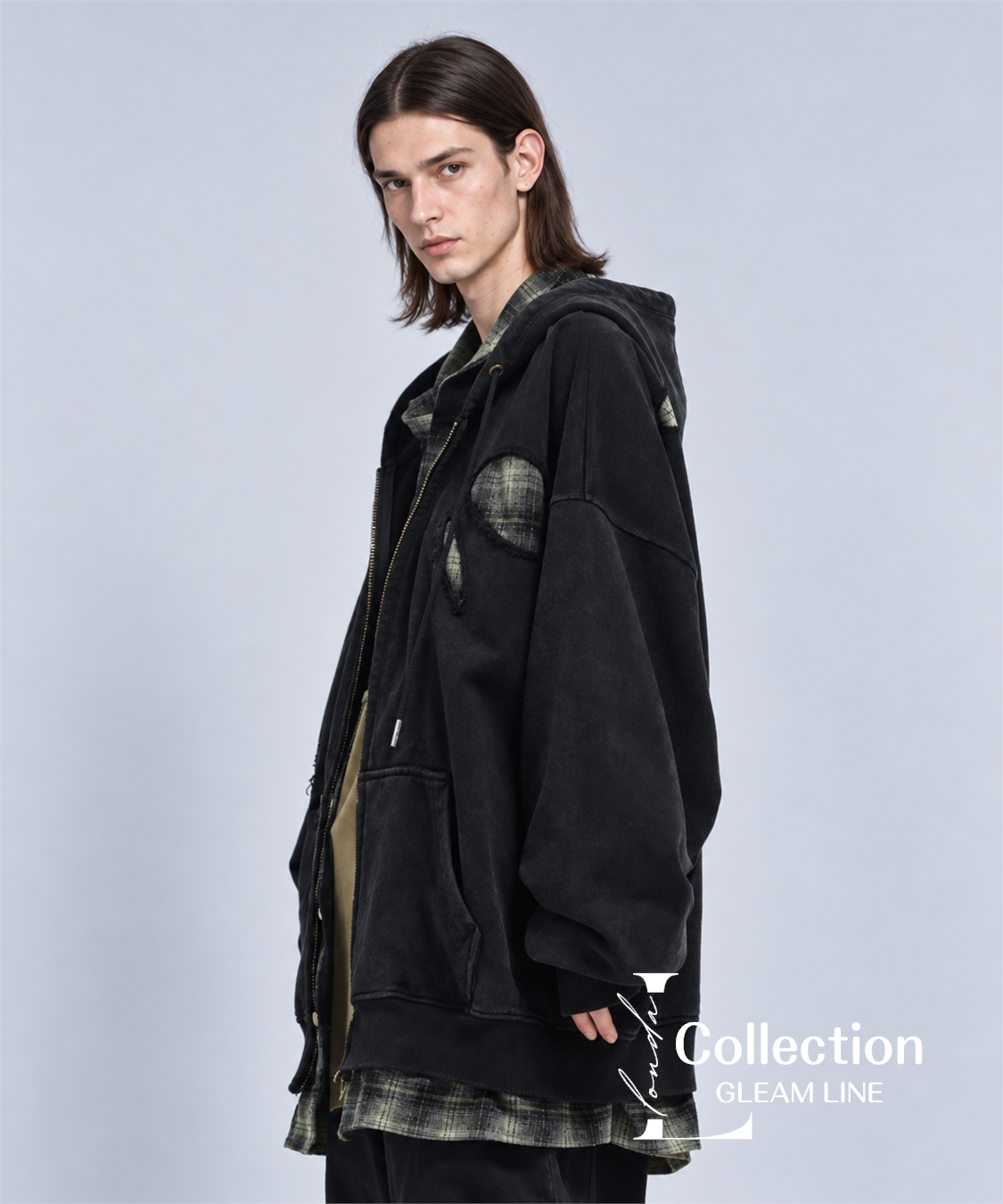 Riven Plaid Layered Hoodie - Black - model view 20