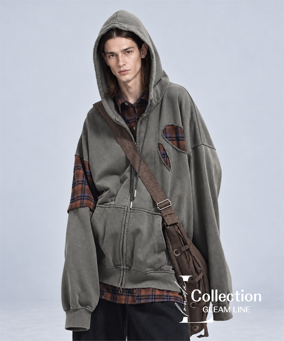 Riven Plaid Layered Hoodie - Gray Green - model view 9