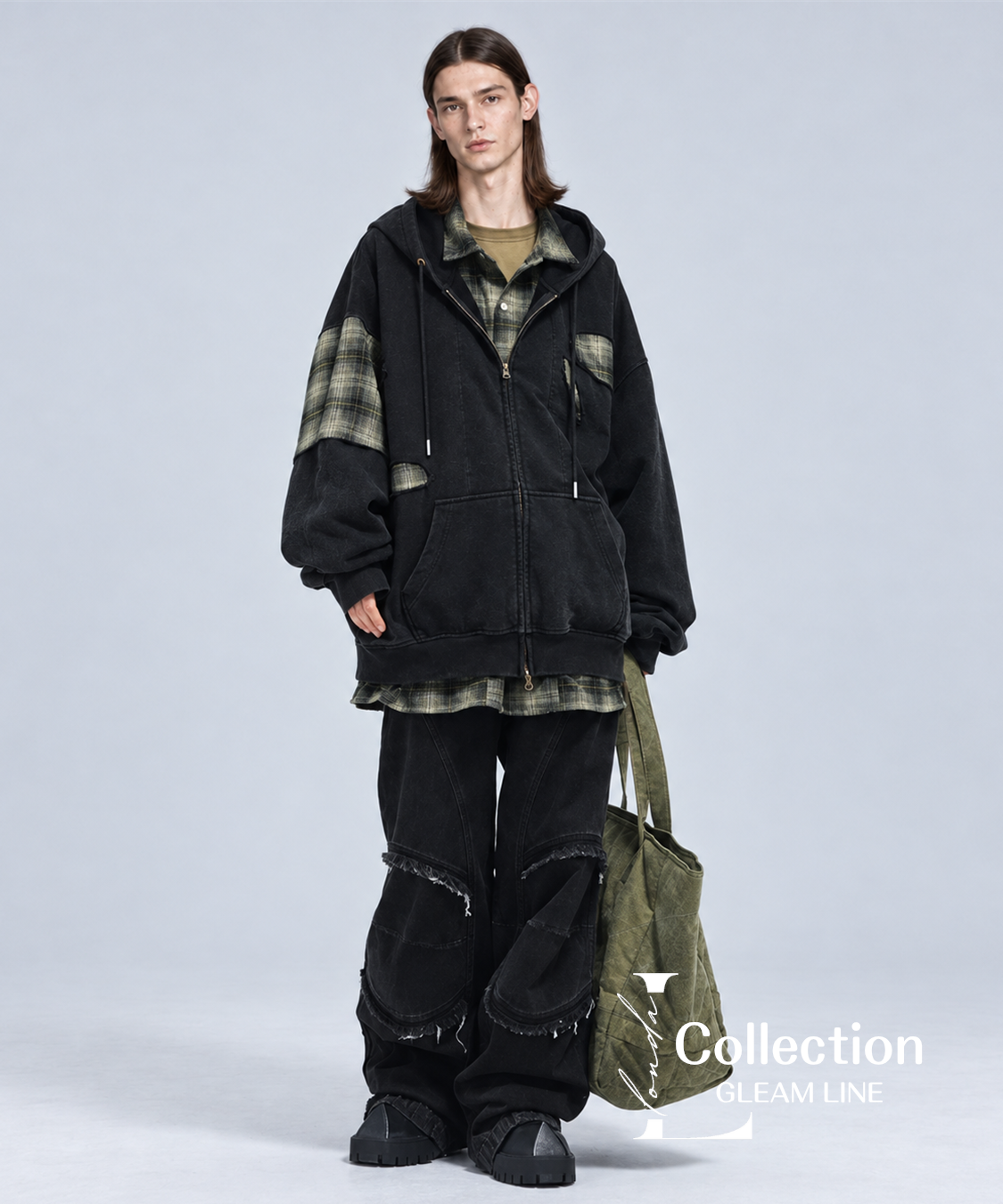 Riven Plaid Layered Hoodie - Black - model view 14