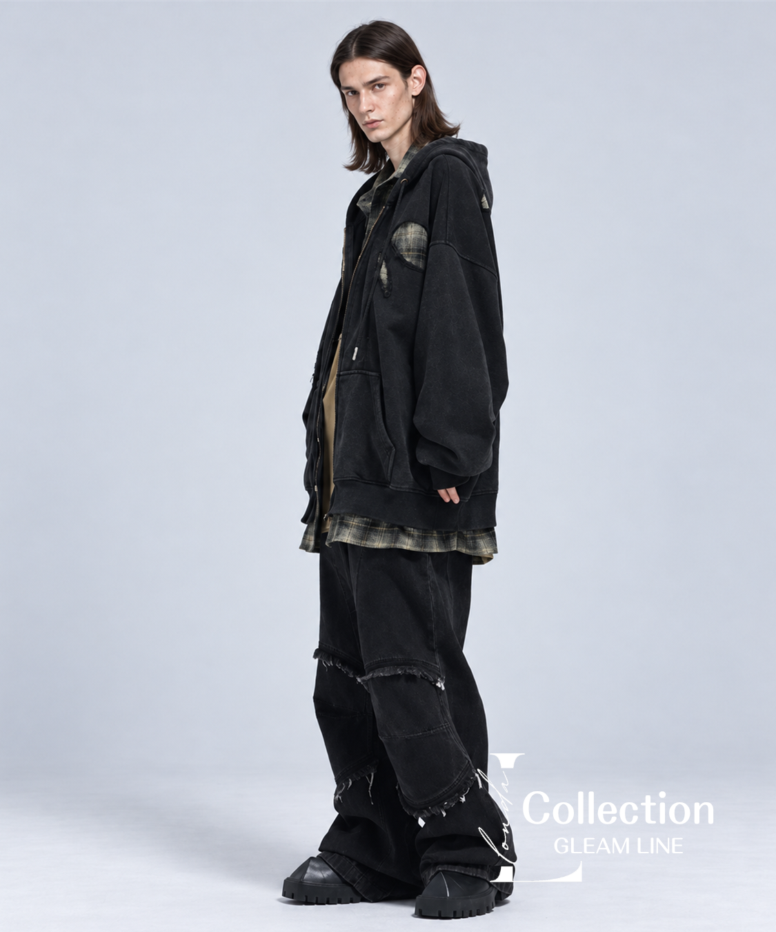 Riven Plaid Layered Hoodie - Black - model view 17