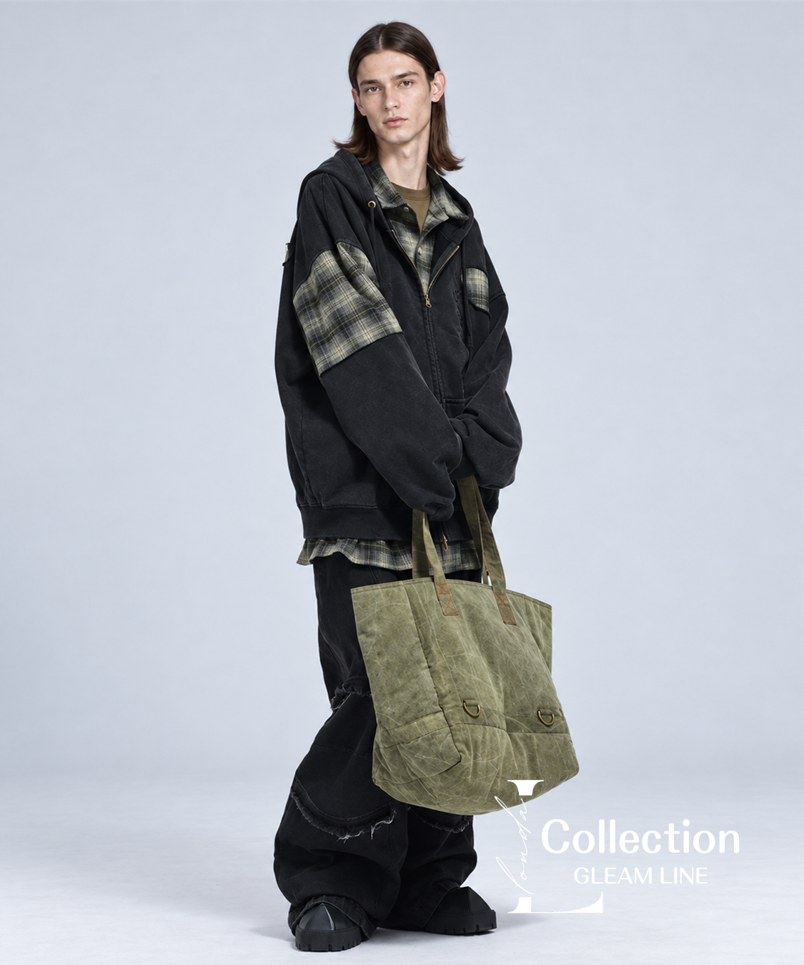 Riven Plaid Layered Hoodie - Black - model view 15