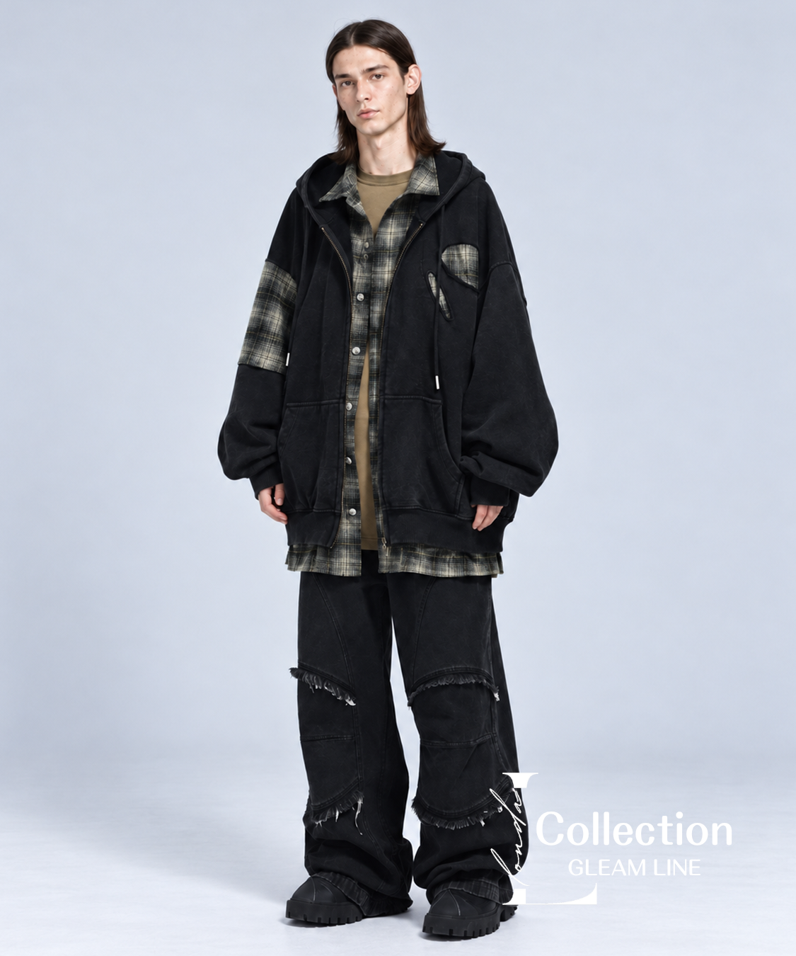Riven Plaid Layered Hoodie - Black - model view 12