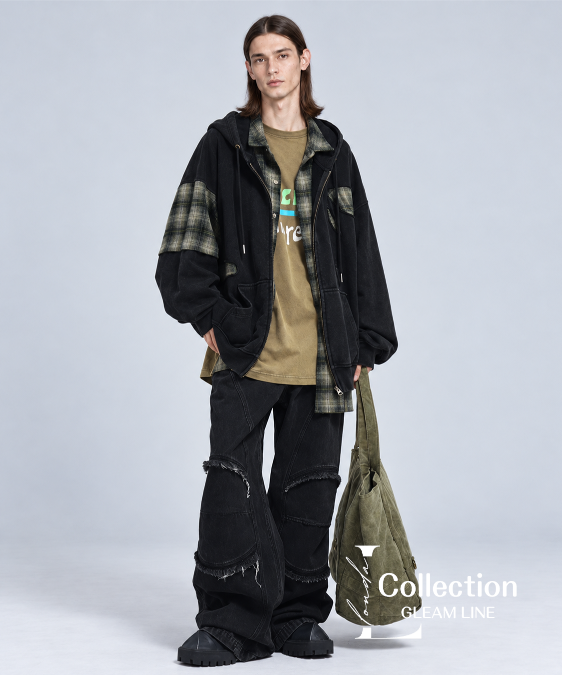 Riven Plaid Layered Hoodie - Black - model view 16