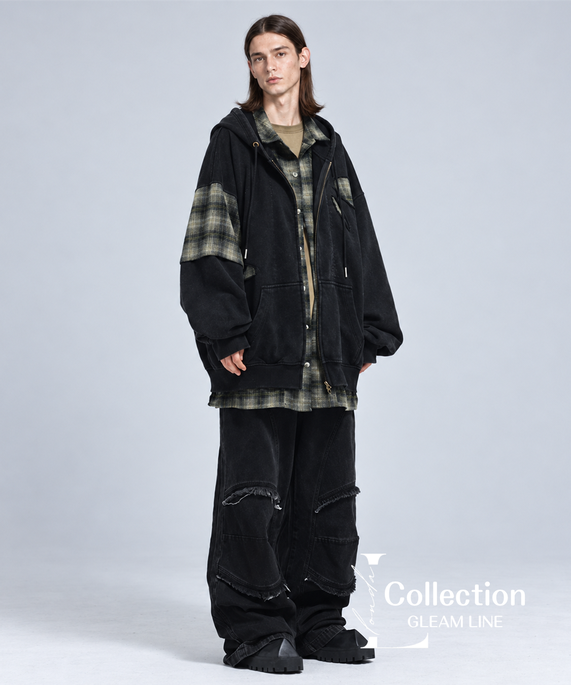 Riven Plaid Layered Hoodie - Black - model view 13