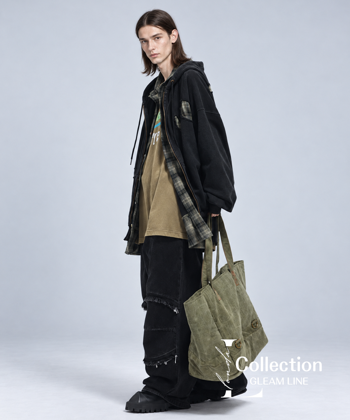 Riven Plaid Layered Hoodie - Black - model view 18