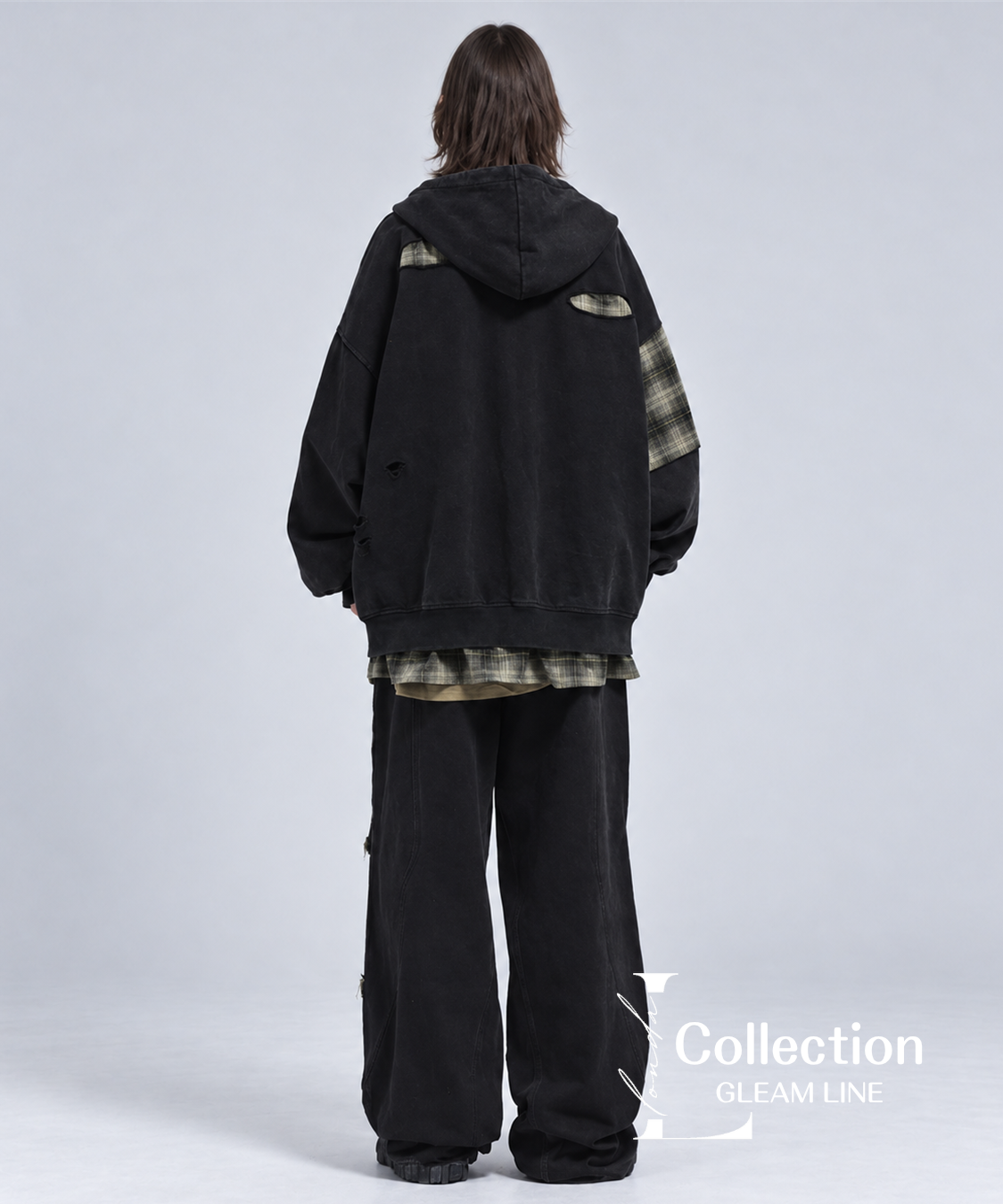 Riven Plaid Layered Hoodie - Black - model view 19