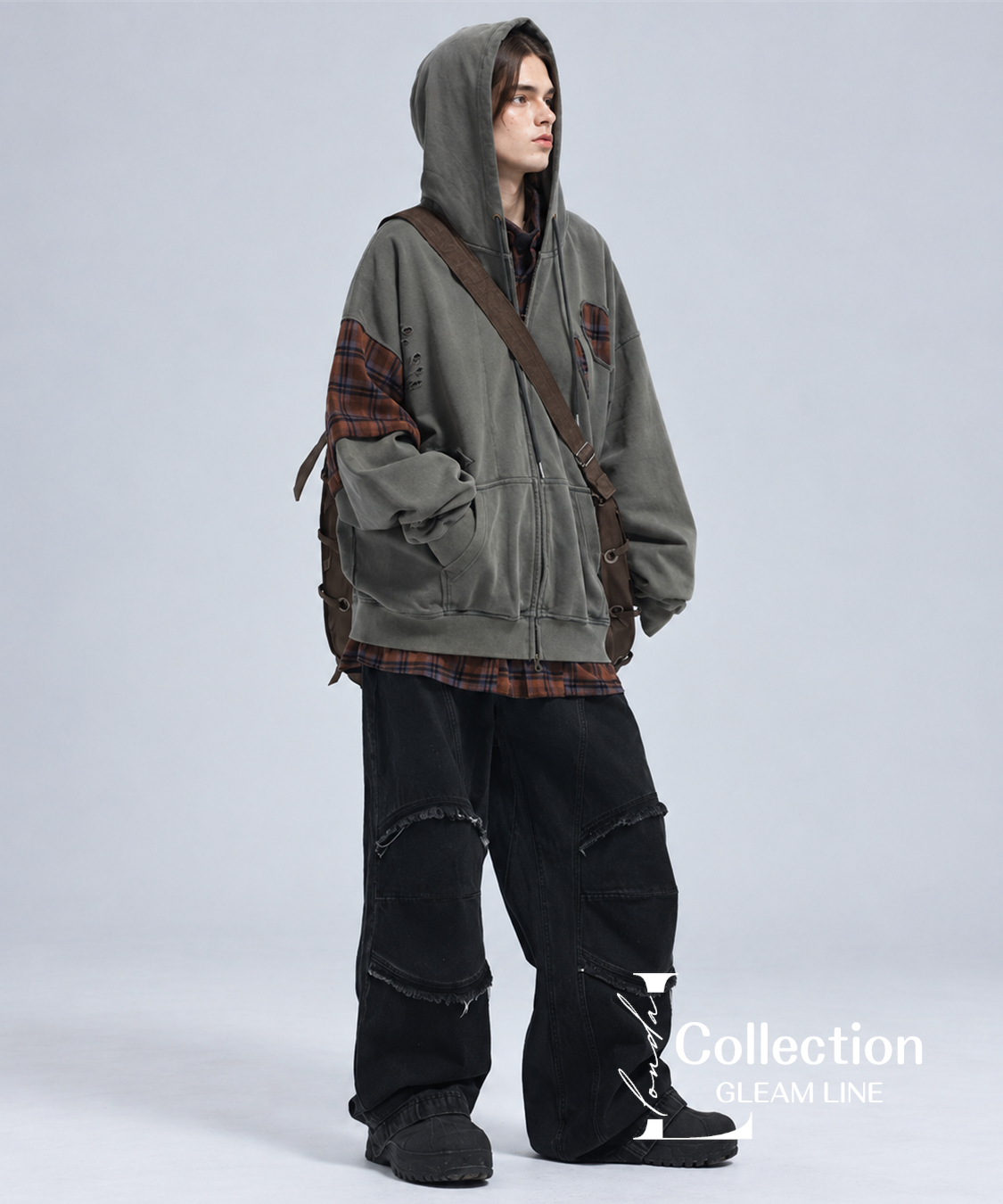 Riven Plaid Layered Hoodie - Gray Green - model view 3