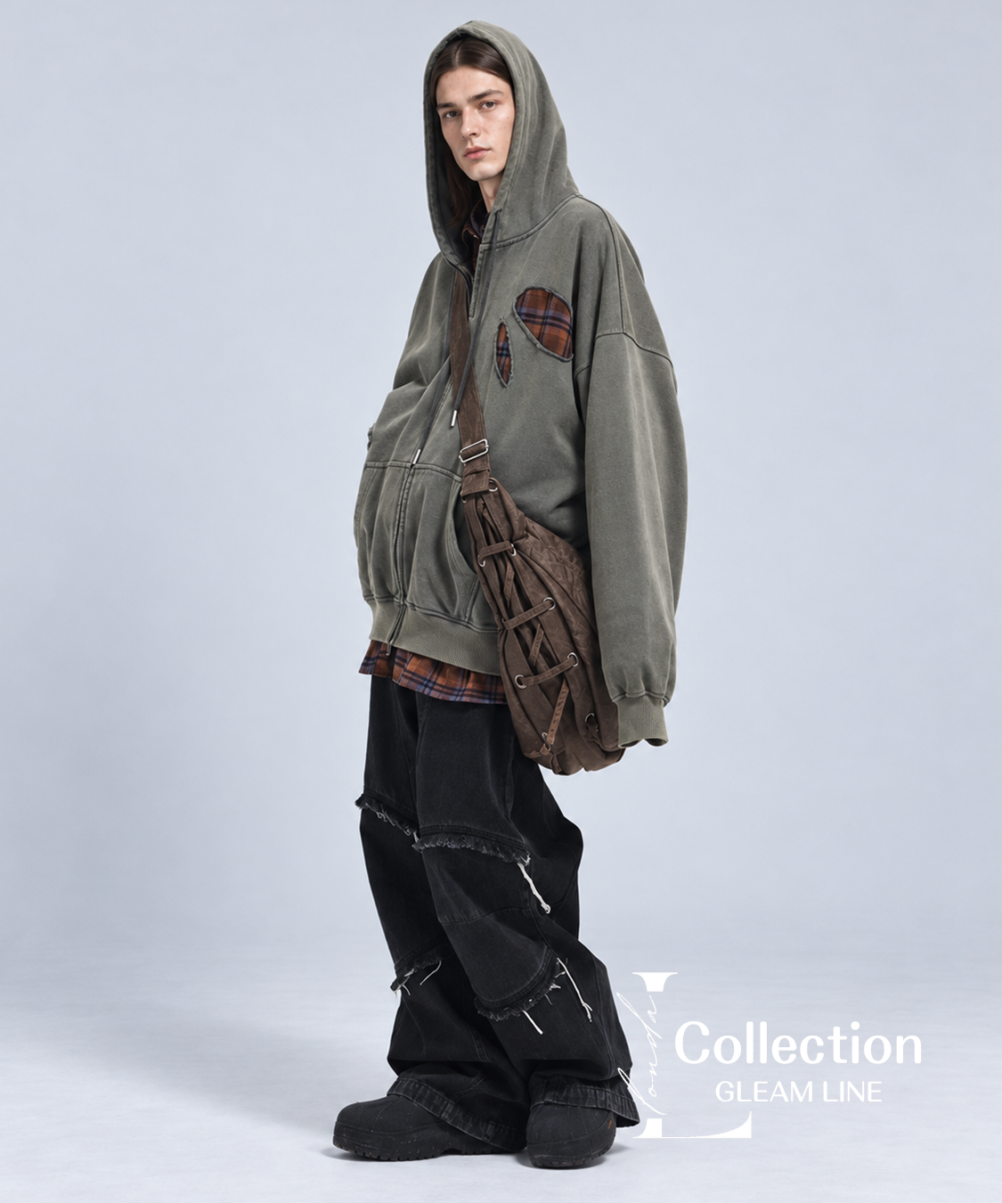 Riven Plaid Layered Hoodie - Gray Green - model view 4