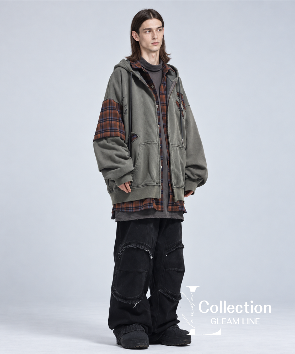 Riven Plaid Layered Hoodie - Gray Green - model view 2