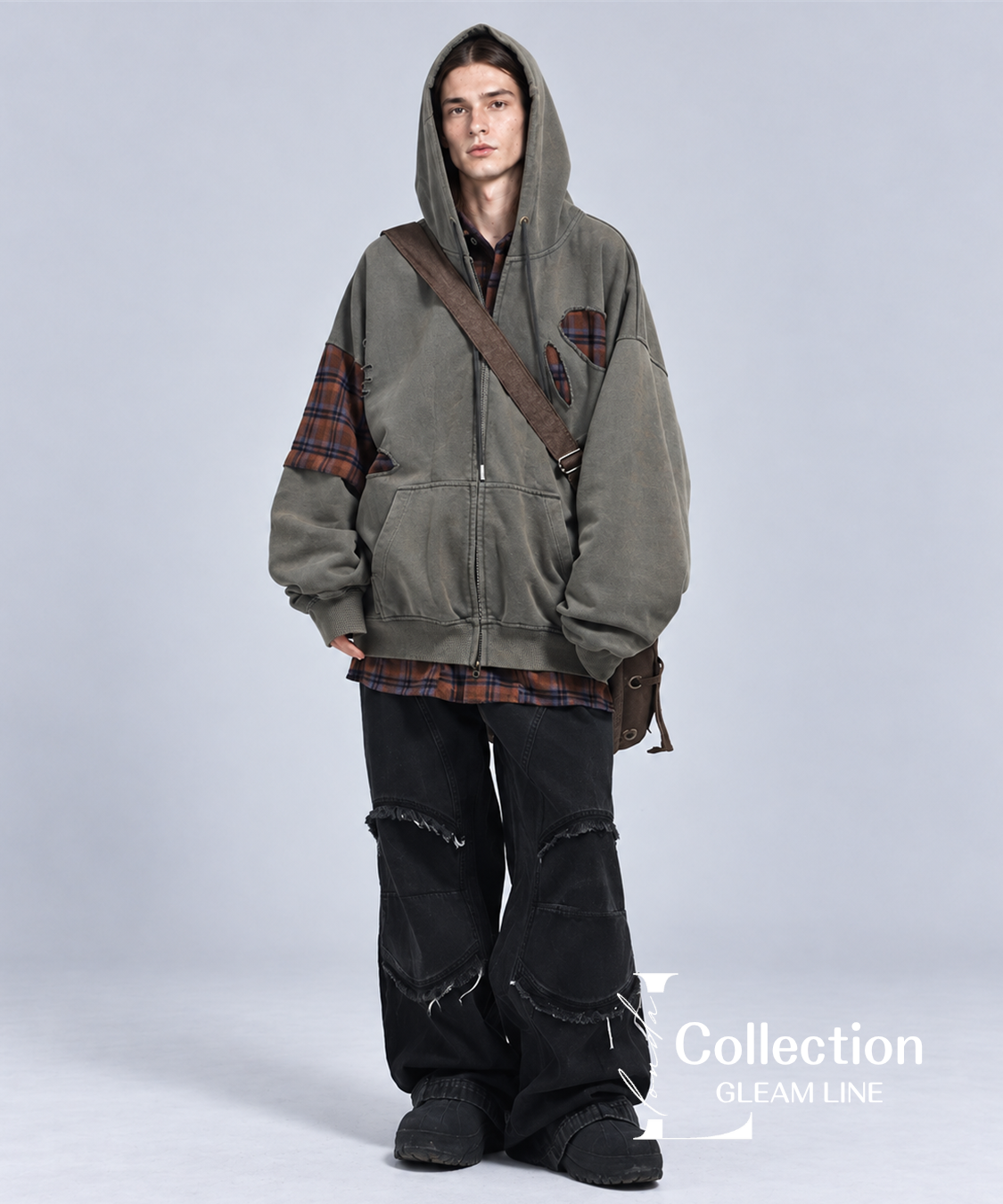 Riven Plaid Layered Hoodie - Gray Green - model view 5