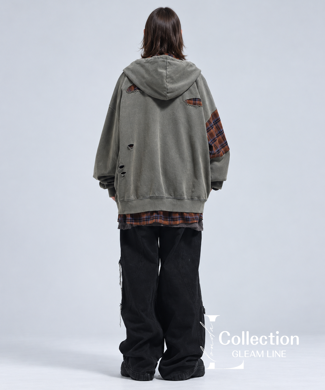 Riven Plaid Layered Hoodie - Gray Green - model view 7