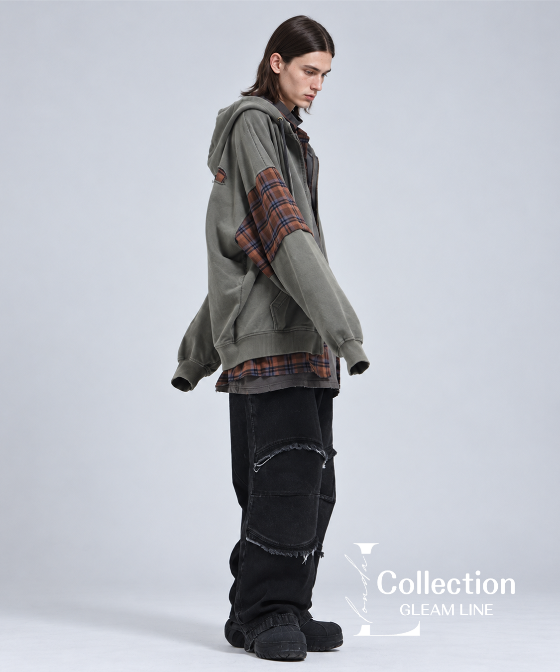 Riven Plaid Layered Hoodie - Gray Green - model view 6