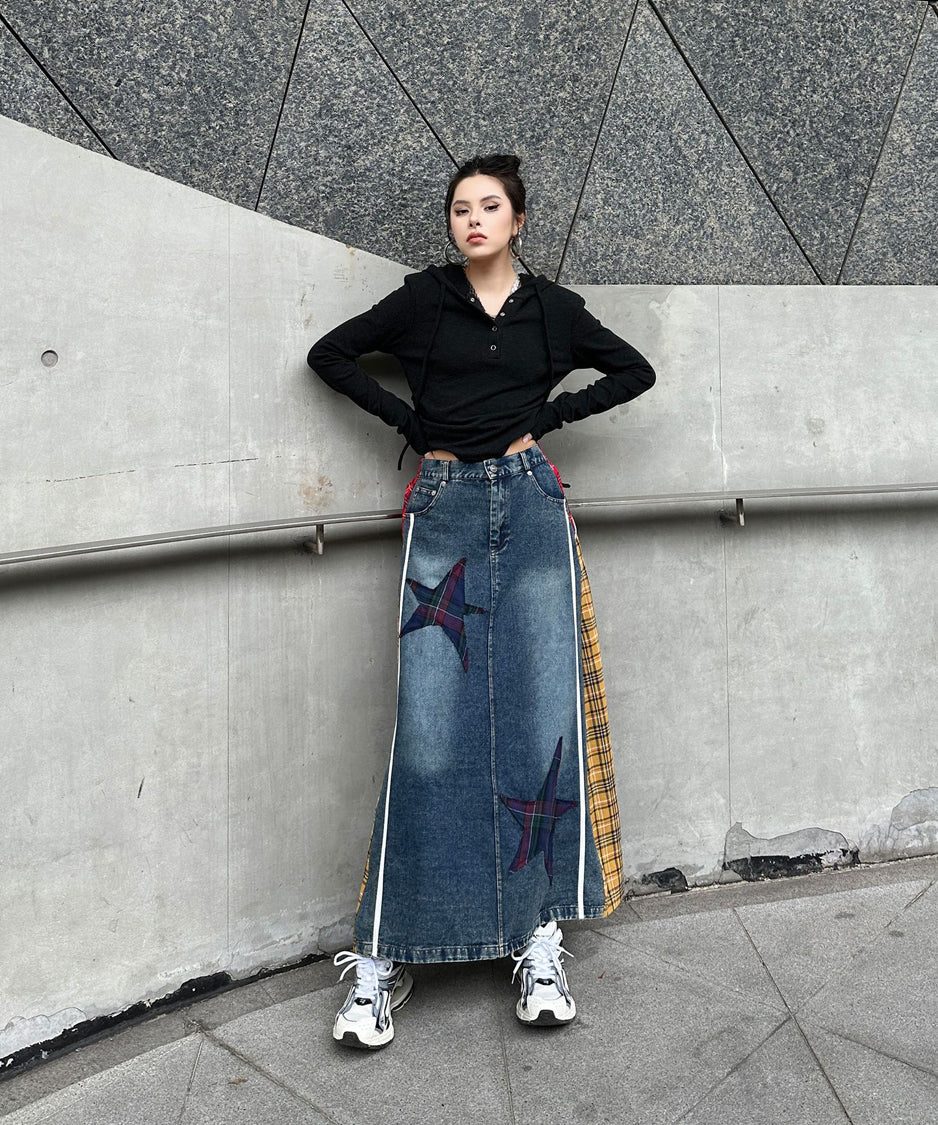 Denim Patchwork Check Skirt