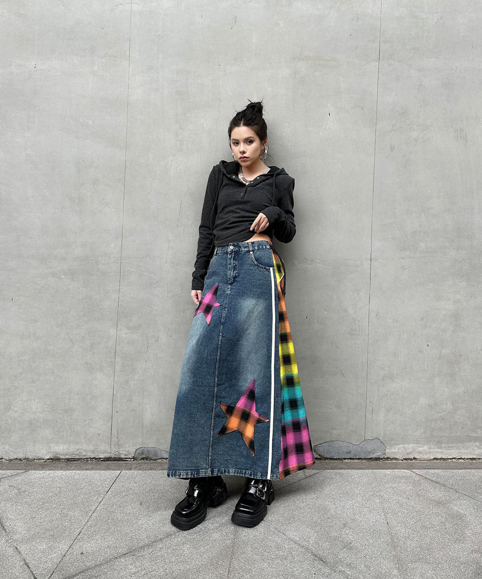 Denim Patchwork Check Skirt