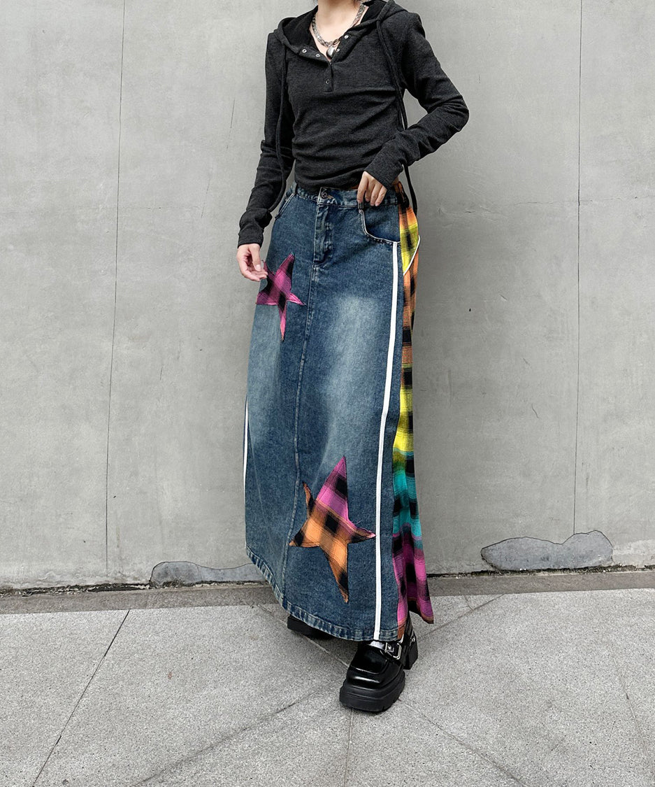 Denim Patchwork Check Skirt