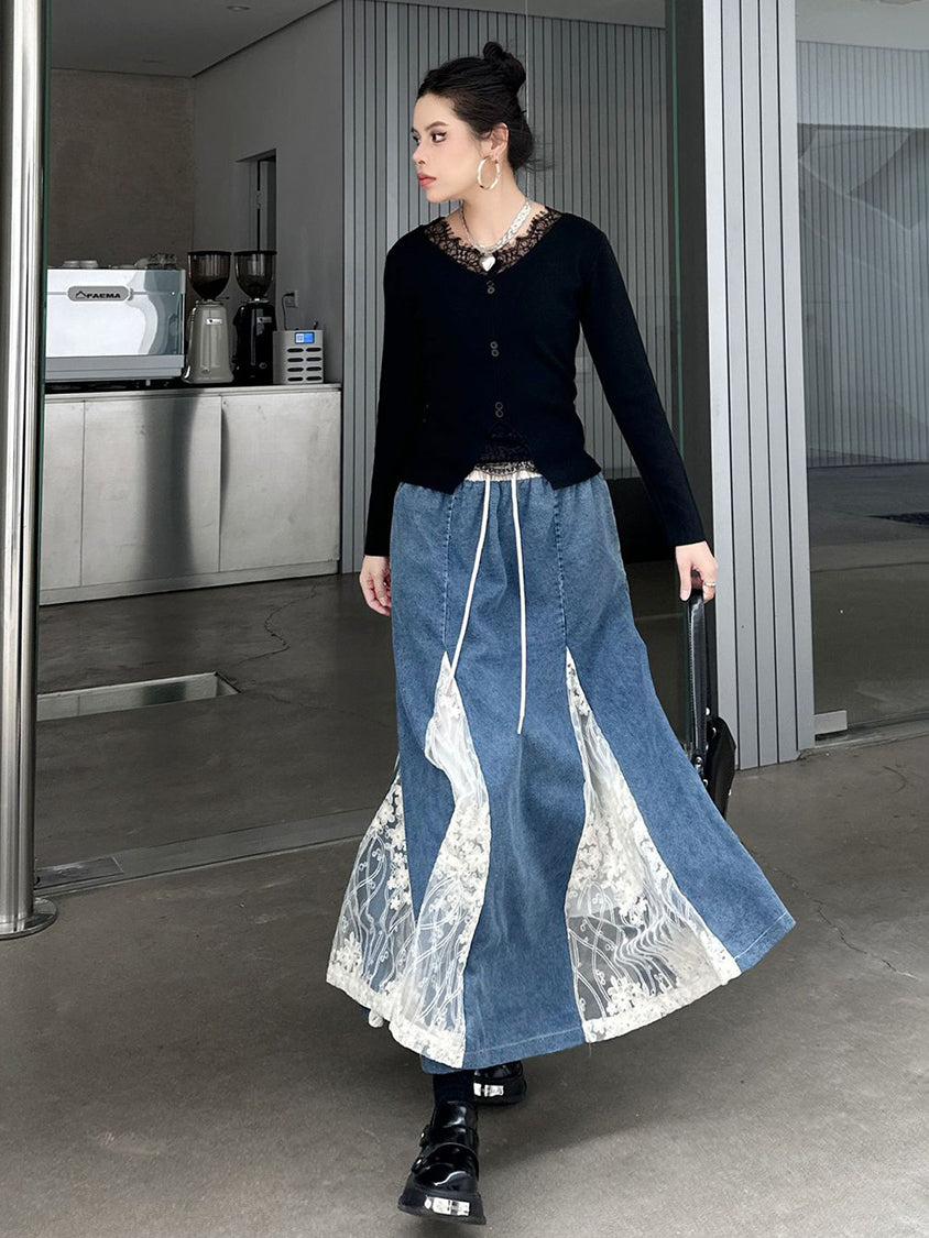 Cross Border Lace Denim Skirt