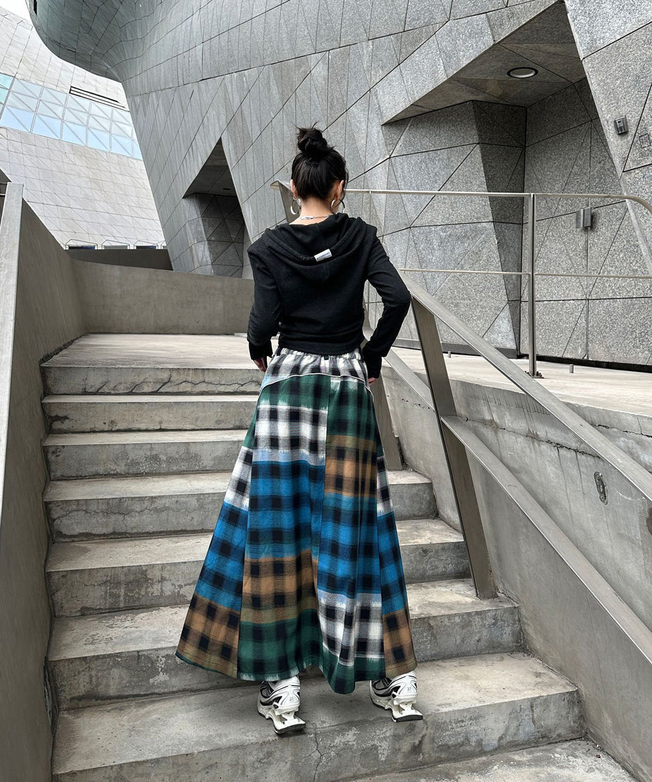 Denim Patchwork Check Skirt