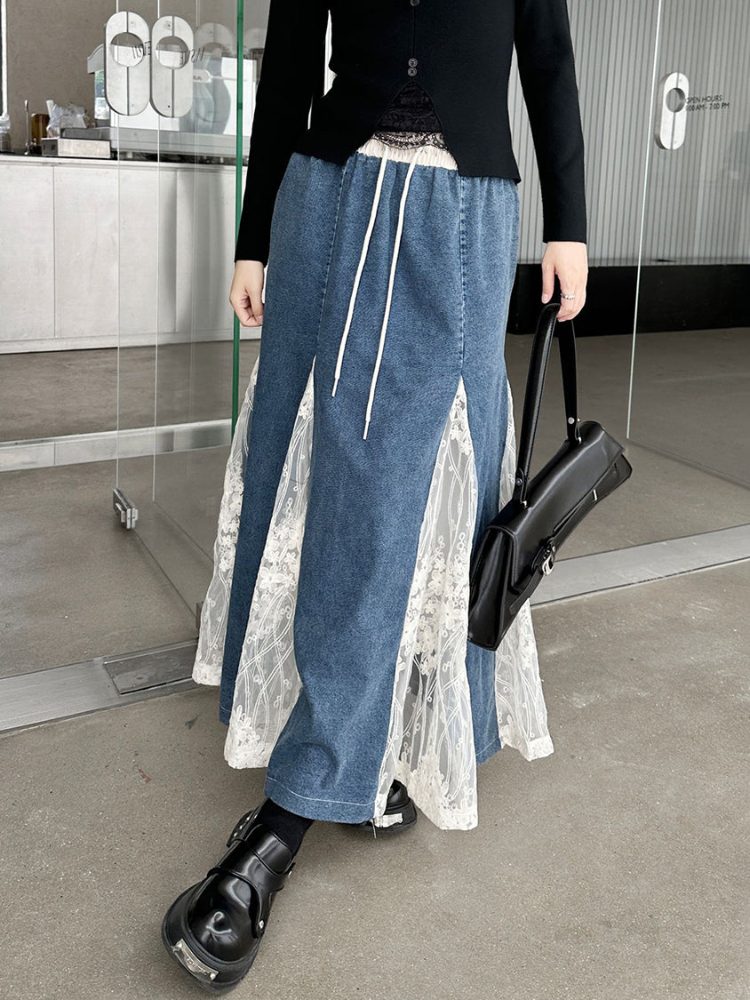 Cross Border Lace Denim Skirt