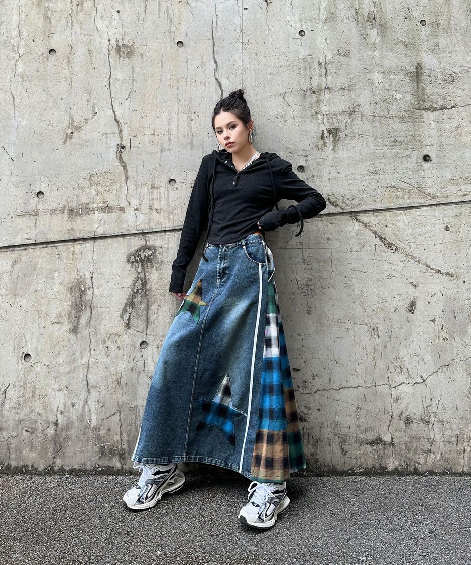 Denim Patchwork Check Skirt