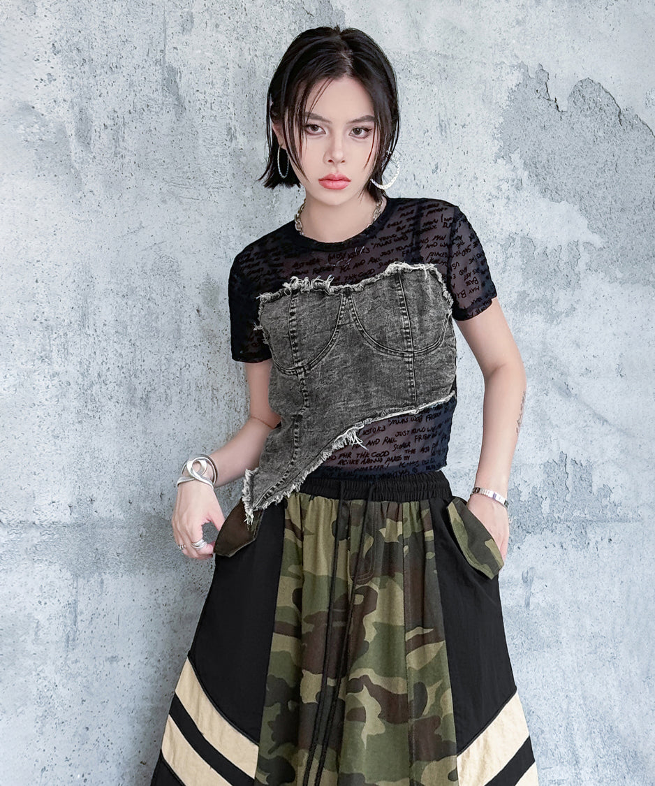 Denim Corset Mesh T-Shirts