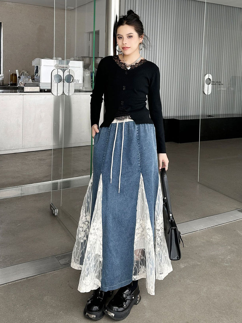 Cross Border Lace Denim Skirt