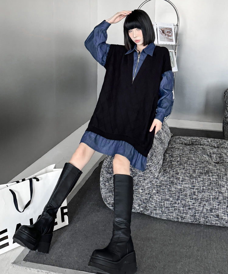 Knit Switch Denim Dress