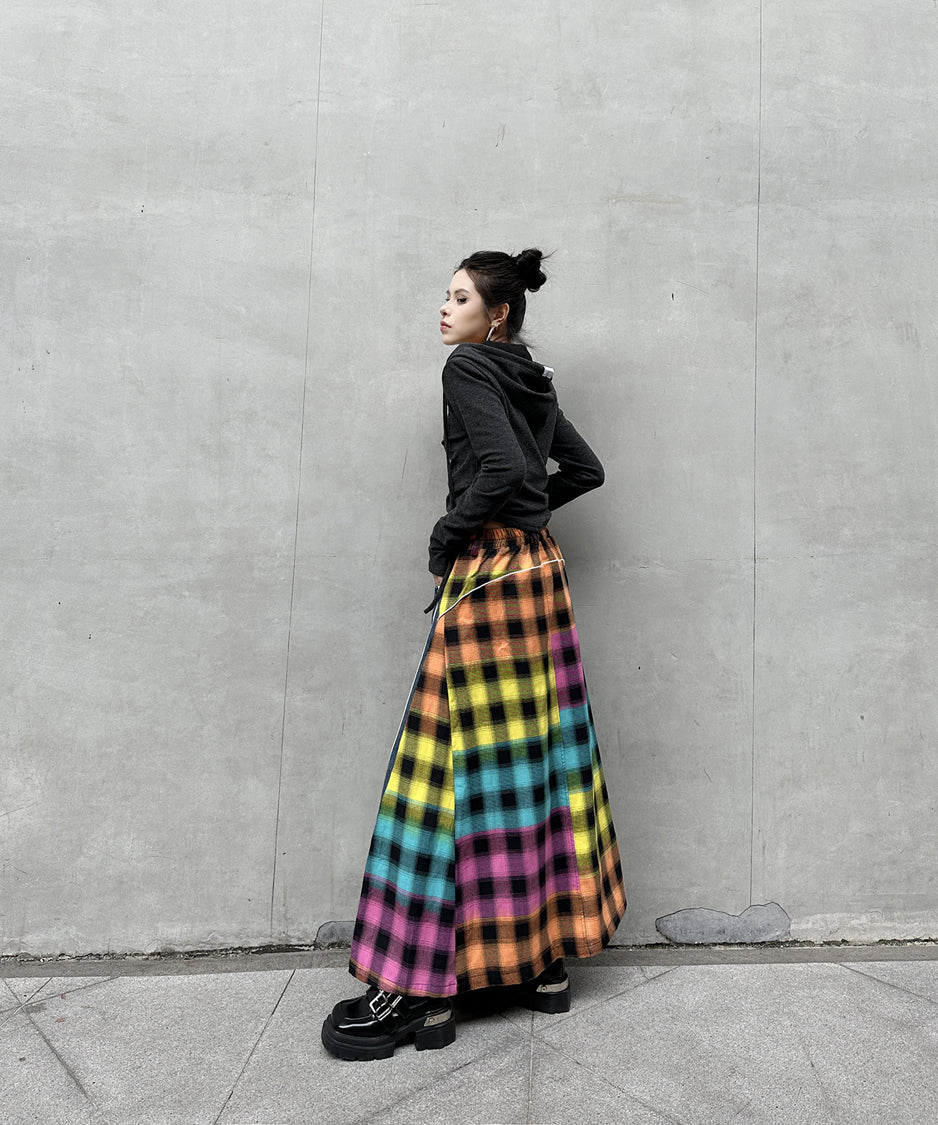 Denim Patchwork Check Skirt