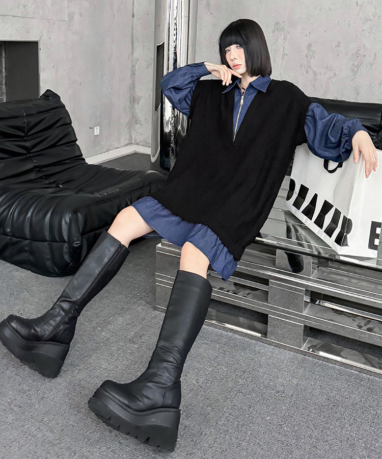 Knit Switch Denim Dress