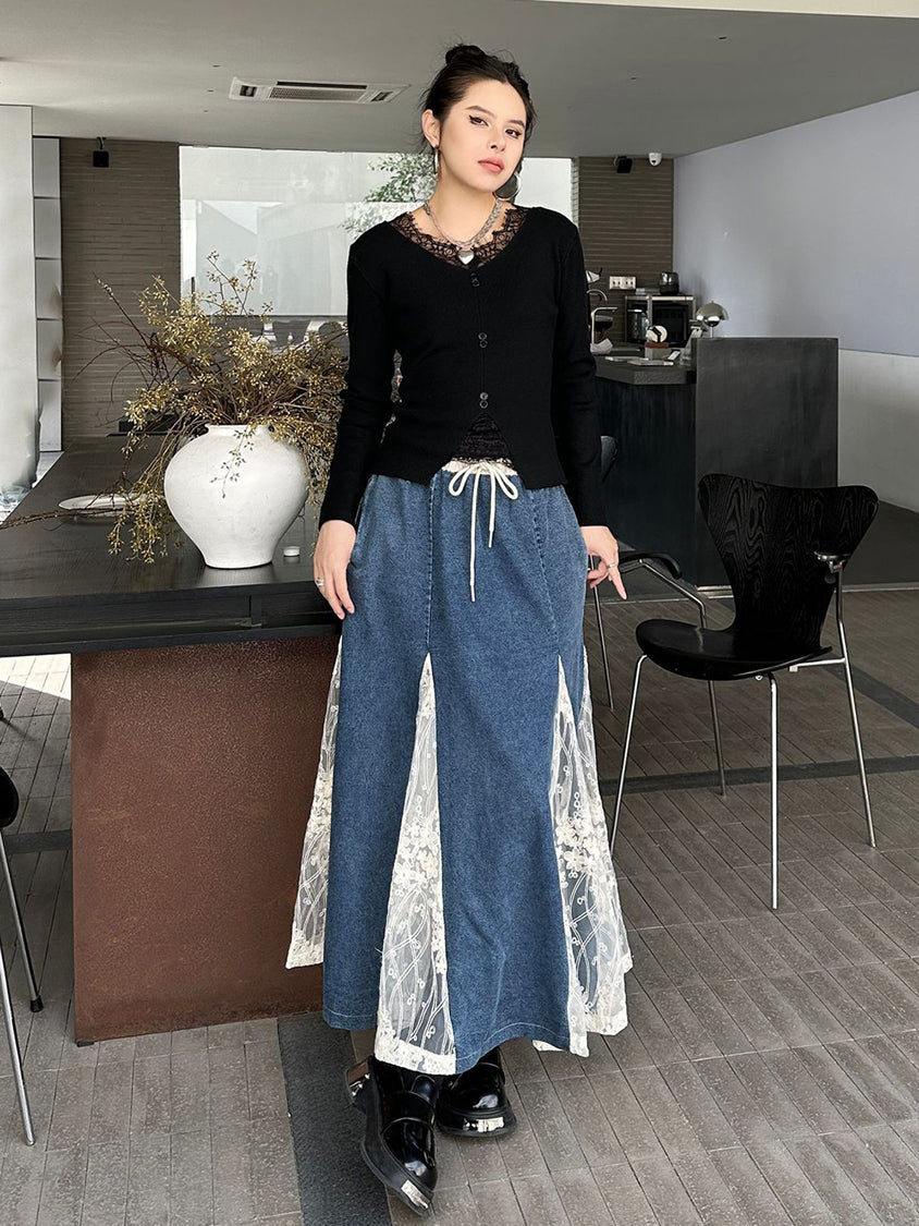 Cross Border Lace Denim Skirt