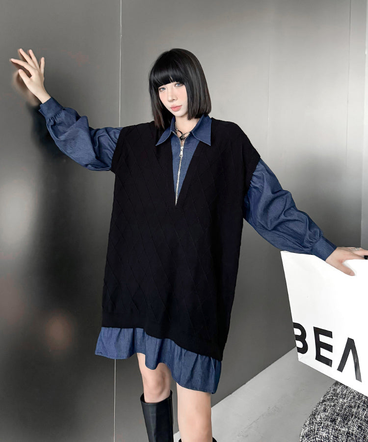 Knit Switch Denim Dress