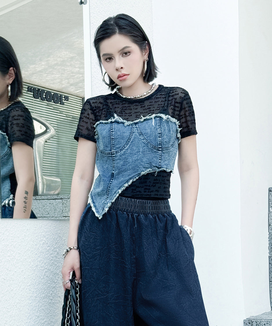 Denim Corset Mesh T-Shirts