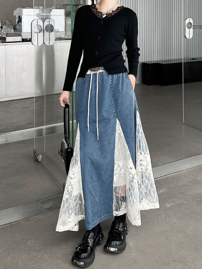Cross Border Lace Denim Skirt